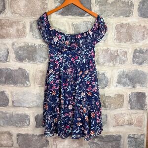 Lulus Navy Blue Floral Off-the-Shoulder Ruffle Mini Dress D9437L Woman's Medium